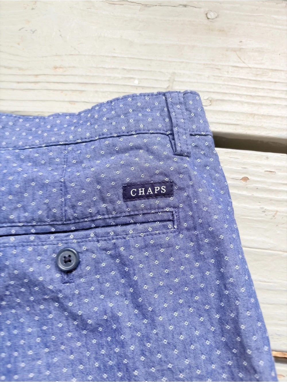 Chaps Flat-Front Chino Shorts 100% Cotton Monroe Blue White Dots Sz 34 Inseam 9”